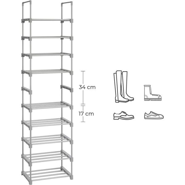 SONGMICS 10-Tier Metal Shoe Rack Customizable Design – Grey