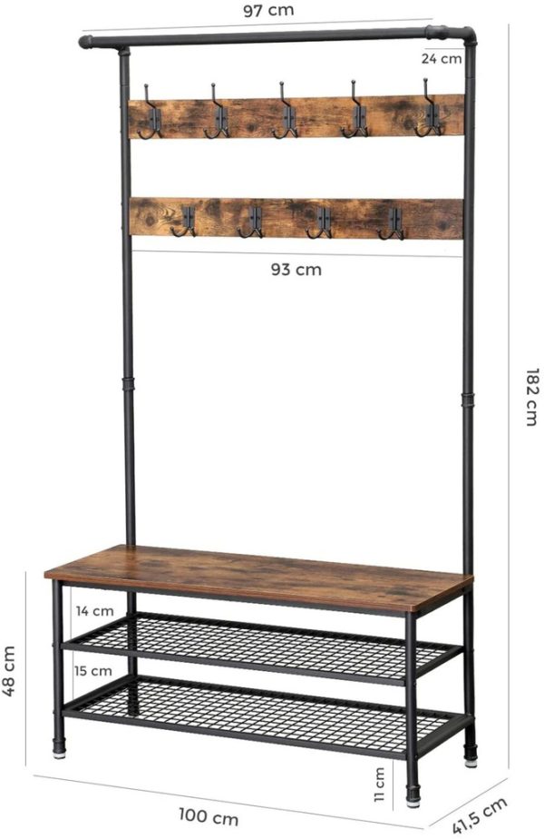 Coat Rack Stand with 9 Hooks and Shoe Rack, Industrial Style, Multifunctional Hall Tree, Sturdy Steel Frame