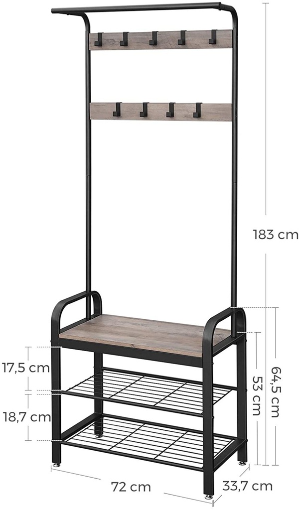 Entryway Hall Tree Coat Rack 183cm Shoe Bench with Shelves Greige and Black