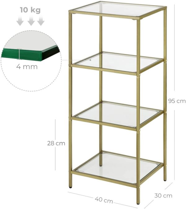 VASAGLE Storage Shelf 4-Tier Tempered Glass Gold LGT029A01