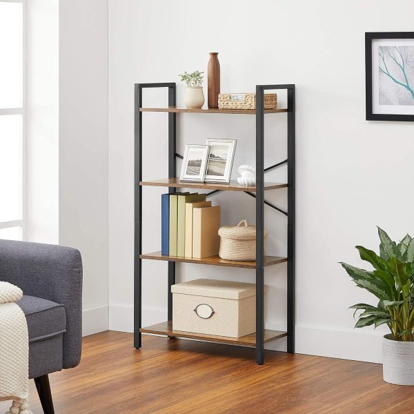 4-Tier Bookshelf Storage Rack with Steel Frame for Living Room Office Study Hallway Industrial Style Rustic Brown and Black