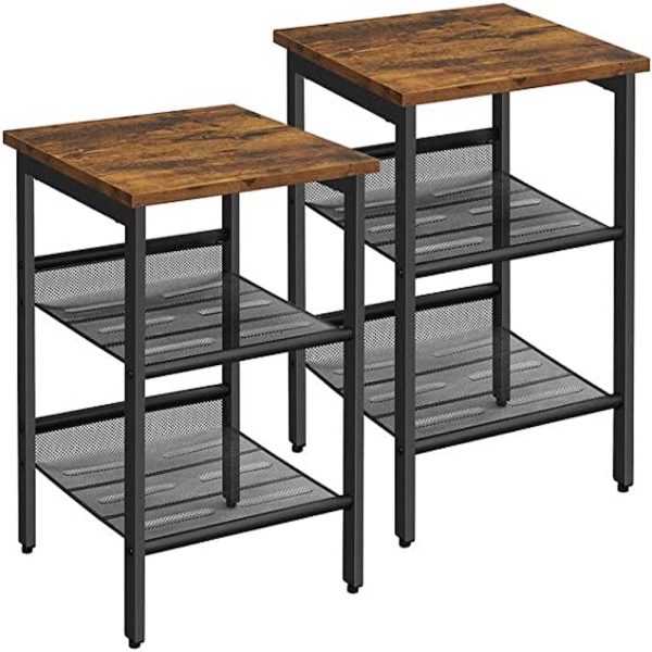 Side Table Set Nightstand Industrial Set of 2 Bedside Tables with Adjustable Mesh Shelves Rustic Brown and Black