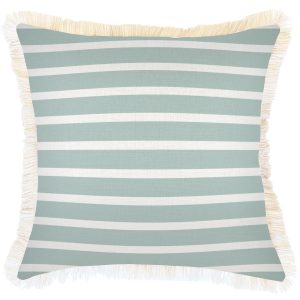 Cushion Cover-Coastal Fringe Natural-Hampton Stripe Seafoam – 45×45 cm