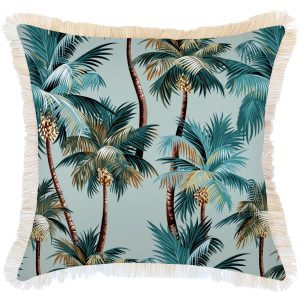 Cushion Cover-Coastal Fringe Natural-Palm Trees Seafoam – 60×60 cm