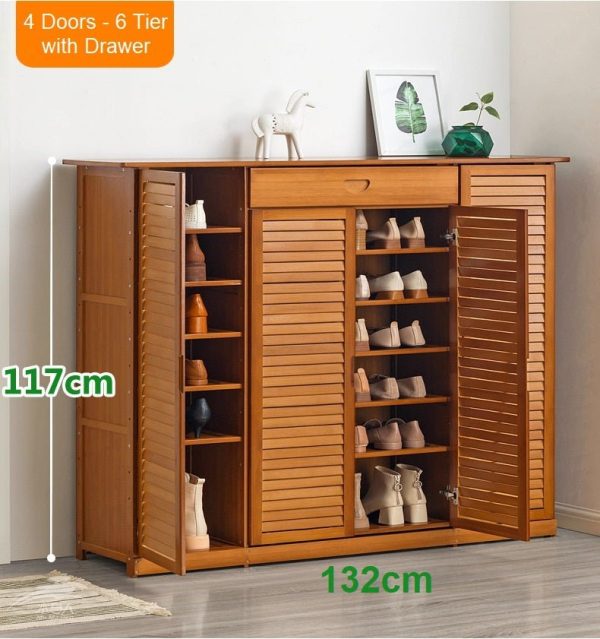 4 Doors 6 Tier Bamboo Large Capacity Storage Hallway Shelf Shoe Rack Cabinet – 4 Doors 6T with Drawer