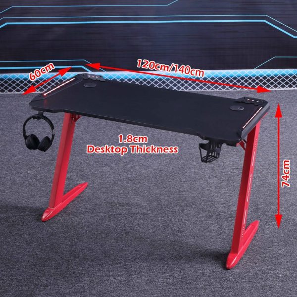 140cm RGB Gaming Desk Home Office Carbon Fiber Led Lights Game Racer Computer PC Table Z-Shaped Red