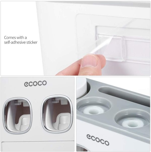 Ecoco Wall-Mounted Toothbrush Holder with 2 Toothpaste Dispensers 4 Cups and 5 Toothbrush Slots Toiletries Bathroom Storage Rack – Grey