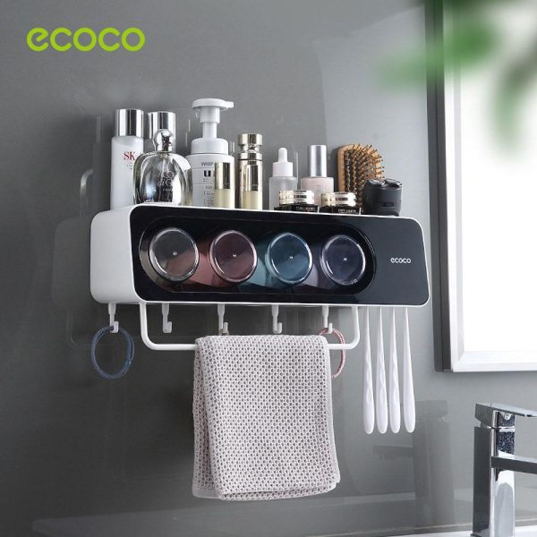 Ecoco Wall-Mounted Toothbrush Holder with 4 Cups and 4 Toothbrush Slots Toiletries Bathroom Storage Rack – Black