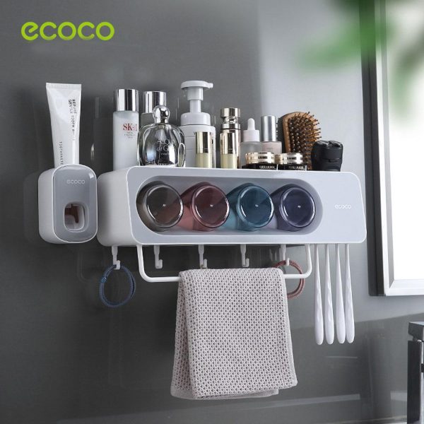 Ecoco Wall-Mounted Toothbrush Holder with 4 Cups and 4 Toothbrush Slots Toiletries Bathroom Storage Rack – Black