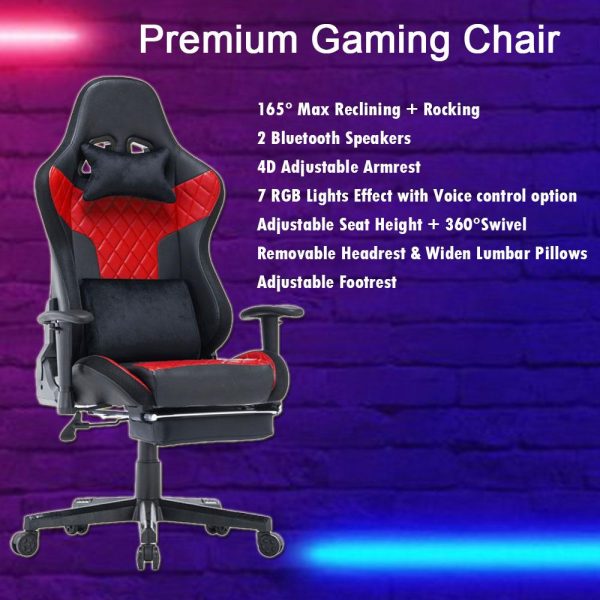 7 RGB Lights Bluetooth Speaker Gaming Chair Ergonomic Racing chair 165° Reclining Gaming Seat 4D Armrest Footrest