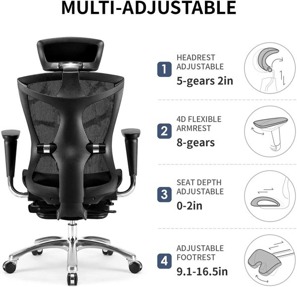 Sihoo Ergonomic Office Chair V1 4D Adjustable High-Back Breathable With Footrest And Lumbar Support – Black