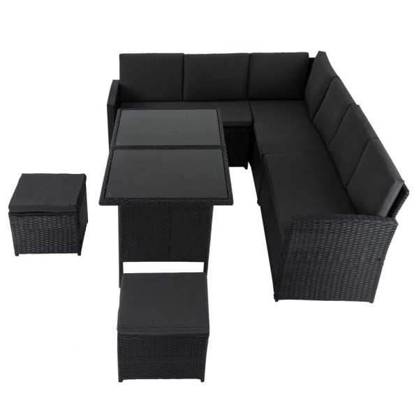 Ella 8-Seater Modular Outdoor Garden Lounge and Dining Set with Table and Stools – Black