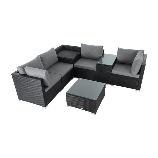 Modular Outdoor Wicker Lounge Set – Black, 1 x Square Coffee Table + 2 x Corner Sofa + 2 x One Seater + 1 x Side Table + 1 x Corner Storage