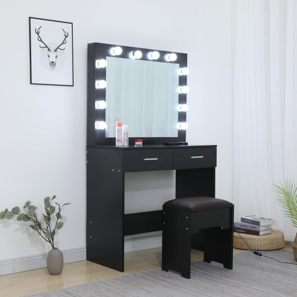 Fidel Vanity Set with Cushioned Stool and Lighted Mirror – Black