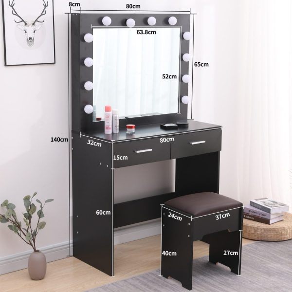 Fidel Vanity Set with Cushioned Stool and Lighted Mirror – Black