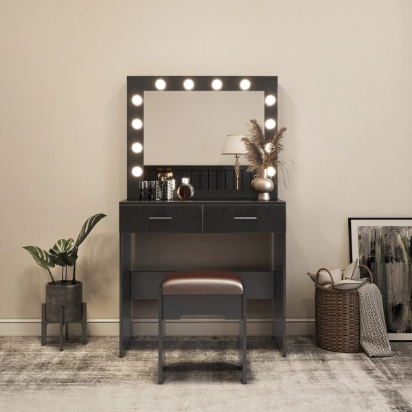 Fidel Vanity Set with Cushioned Stool and Lighted Mirror – Black