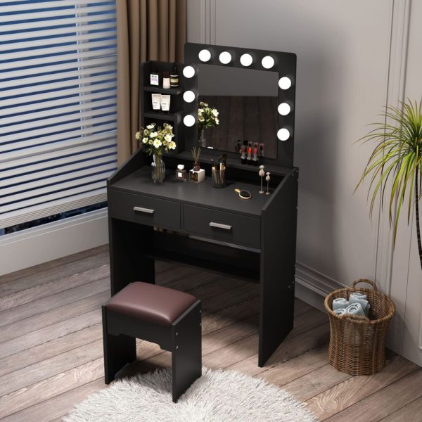 Diana Vanity Set with Shelves Cushioned Stool and Lighted Mirror