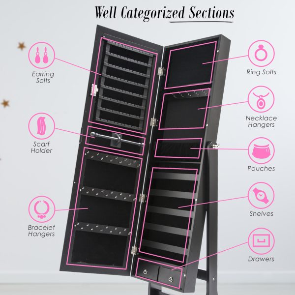 La Bella Mirror Jewellery Cabinet LOWE 146cm Organiser 2 Drawers – Black