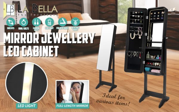 La Bella Mirror Jewellery Cabinet FLASHY 146cm Organiser LED – Black