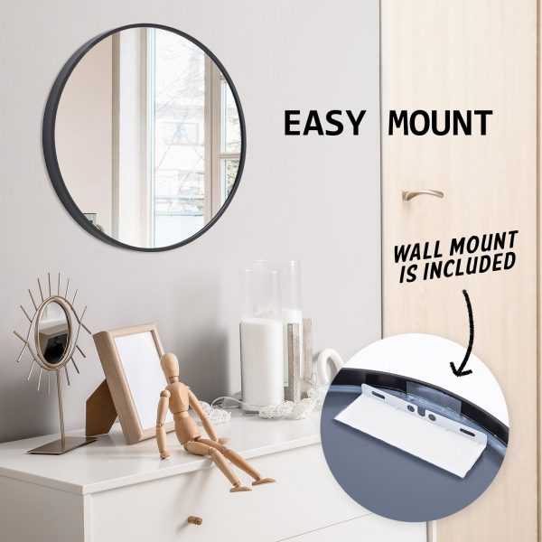 La Bella Wall Mirror Round Aluminum Frame Makeup Decor Bathroom Vanity – 50 cm, Black