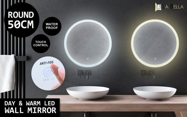 La Bella LED Wall Mirror Round Touch Anti-Fog Makeup Decor Bathroom Vanity – 50 cm