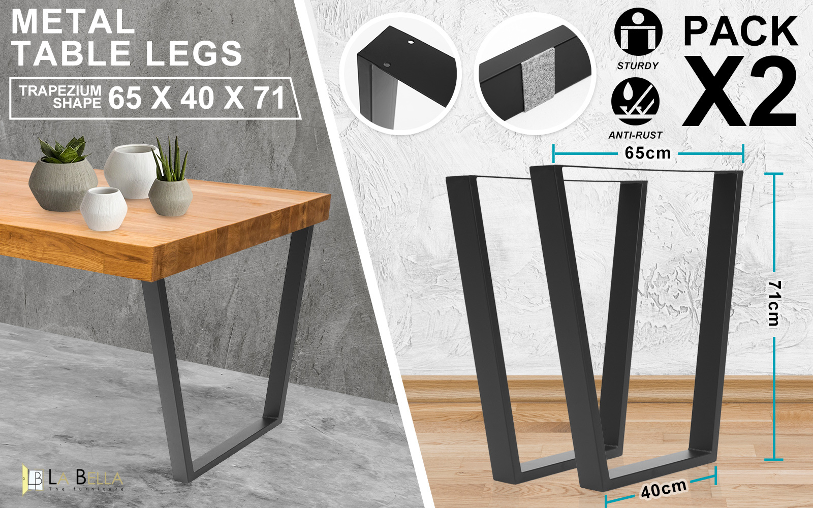 La Bella 2 Set Black Coffee Dining Table Legs Bench Trapezium DIY Steel Metal