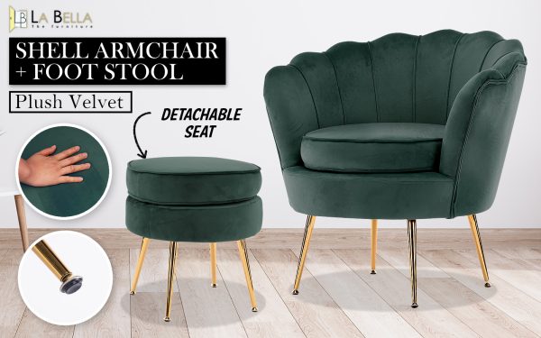 La Bella Shell Scallop Armchair Accent Chair Velvet + Round Ottoman Footstool – Green