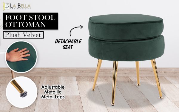 La Bella Round Ottoman Foot Stool Velvet Fabric Metal Leg – Green