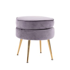 La Bella Round Ottoman Foot Stool Velvet Fabric Metal Leg – Grey