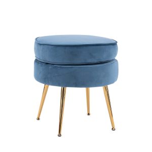 La Bella Round Ottoman Foot Stool Velvet Fabric Metal Leg – Navy Blue