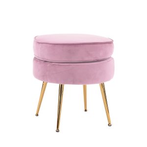 La Bella Round Ottoman Foot Stool Velvet Fabric Metal Leg – Pink