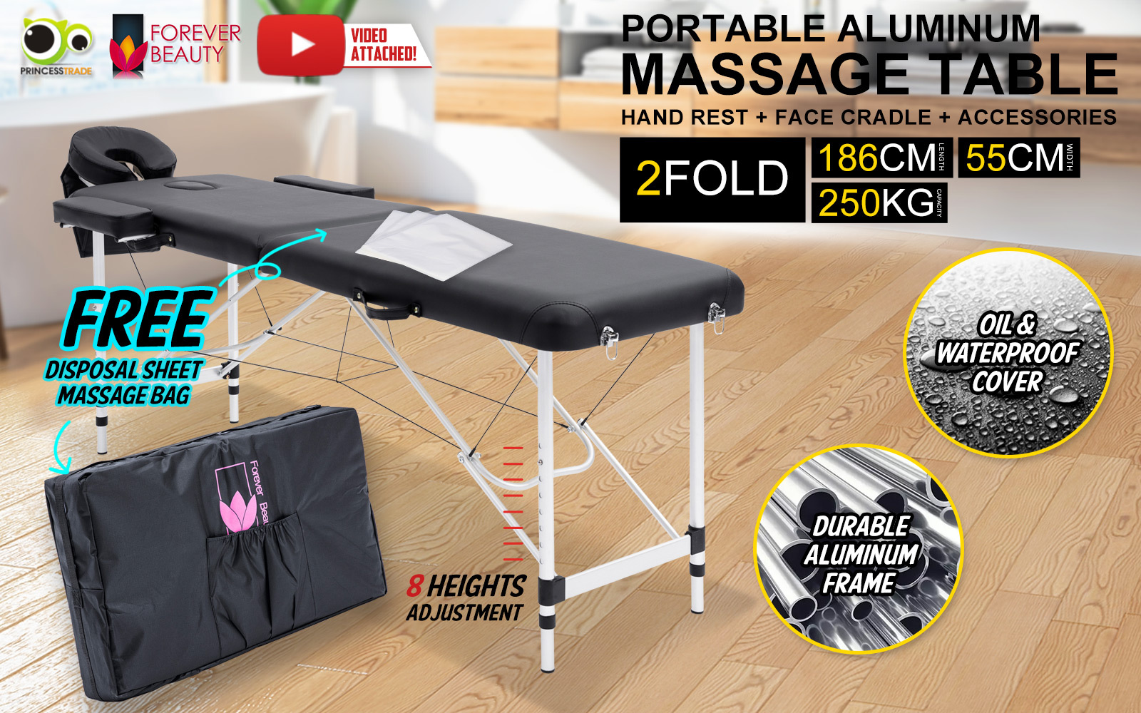 Forever Beauty Portable Beauty Massage Table Bed Therapy Waxing 2 Fold 55cm Aluminium