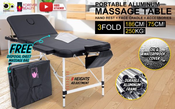 Forever Beauty Portable Beauty Massage Table Bed Therapy Waxing 3 Fold Aluminium – 186×75 cm, Black