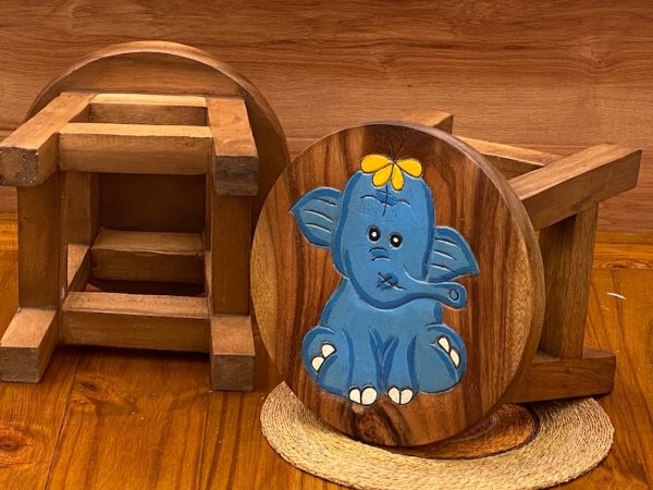 Children’s Wooden Stool Blue Baby ELEPHANT Themed Chair Toddlers Step sitting Stool