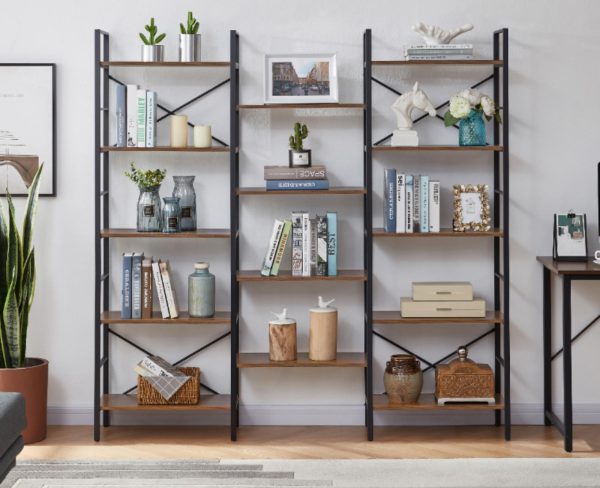 Industrial Vintage Shelf Bookshelf, Wood and Metal Bookcase Furniture for Home & Office