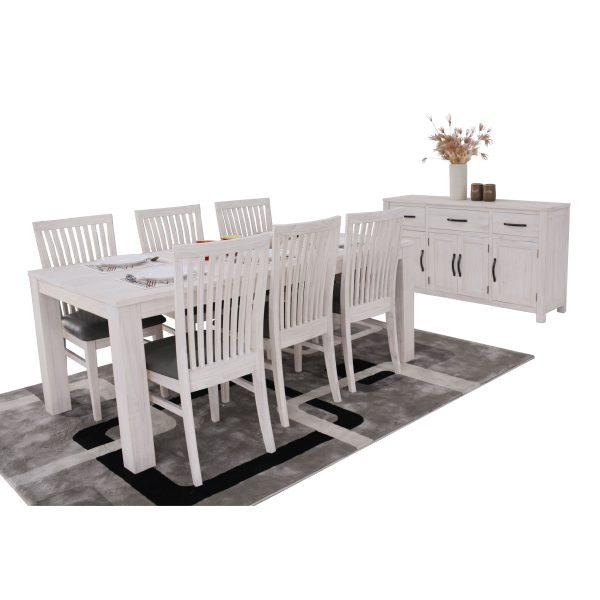 7pc Dining Set 190cm Table 6 PU Seat Chair Solid Mt Ash Wood – White