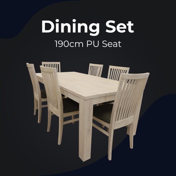 7pc Dining Set 190cm Table 6 PU Seat Chair Solid Mt Ash Wood – White