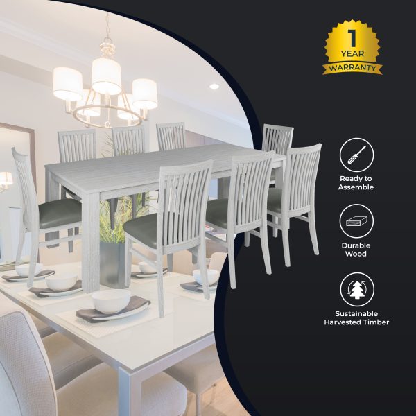 9pc Dining Set 225cm Table 8 PU Seat Chair Solid Mt Ash Wood – White