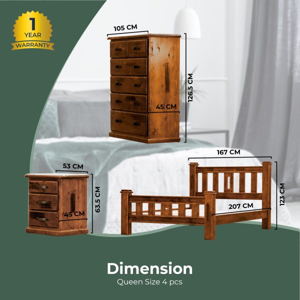 4pc Queen Bed Frame Suite Bedside Tallboy Furniture Package – Dark Brown