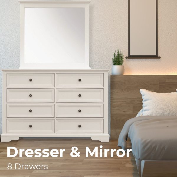 Dresser Mirror 8 Chest of Drawers Bedroom Timber Storage Cabinet – White