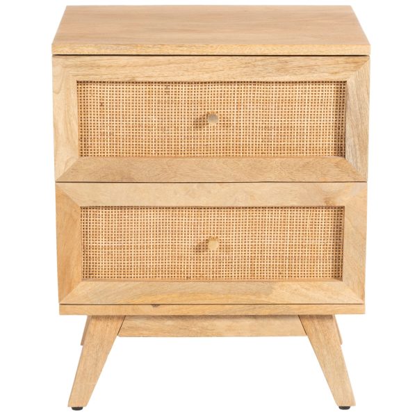 Urmston Bedside Table Drawer Storage Cabinet Solid Mango Wood Rattan Natural – 2 Drawer