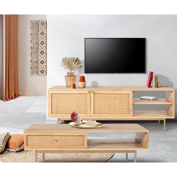 Harwood ETU Entertainment TV Unit Solid Mango Wood Rattan Furniture – 147x40x50 cm