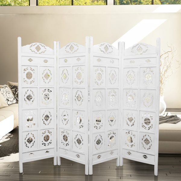 Spalding Iron Jali 4 Panel Room Divider Screen Privacy Shoji Timber Wood Stand – White