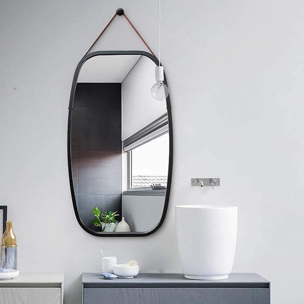 Bathroom Wall Mount Hanging Bamboo Frame Mirror Adjustable Strap Wall Mirror Home Decor – Black