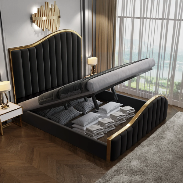 King Size Elegant Luxury Bedframe with Gas Lift Storage Black Velvet Fabric Golden Trim