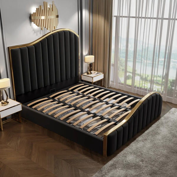 King Size Elegant Luxury Bedframe with Gas Lift Storage Black Velvet Fabric Golden Trim