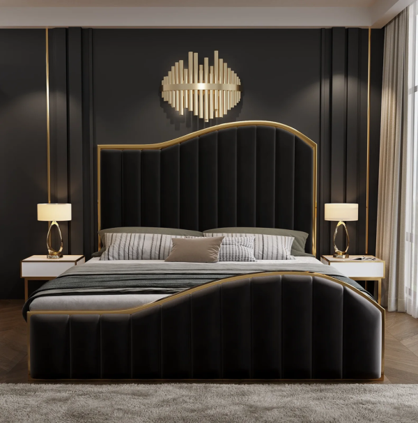 King Size Elegant Luxury Bedframe with Gas Lift Storage Black Velvet Fabric Golden Trim