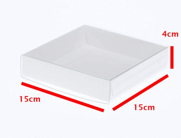 10 Pack of 15cm Square Invitation Coaster Favor Function product Presentation Cookie Biscuit Patisserie Gift Box – 4cm deep – White Card with Clear Sl