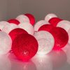 1 Set of 20 LED Red White 5cm Cotton Ball Battery String Lights Christmas Gift Home Wedding Party Bedroom Decoration Outdoor Indoor Table Centrepiece