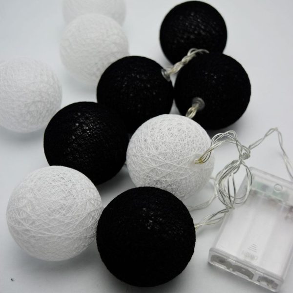 1 Set of 20 LED Black White 5cm Cotton Ball Battery Powered String Lights Xmas Gift Home Wedding Party Bedroom Decoration Outdoor Indoor Table Centrep